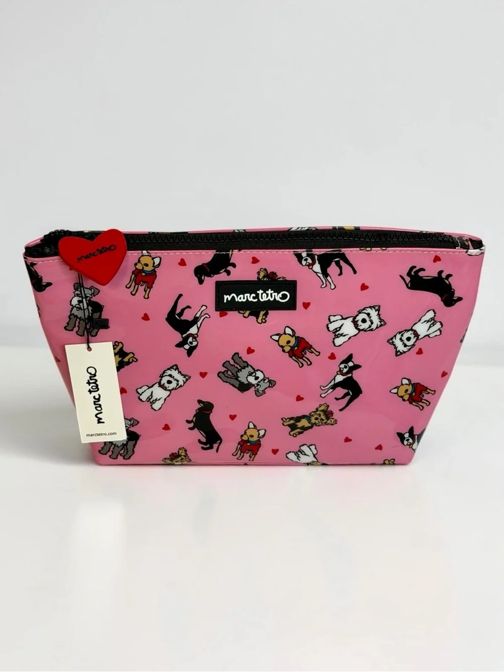 NWT Marc Tetro Pink Patent Multi Dog Print Cosmetic Bag Pouch Heart Zipper Pull